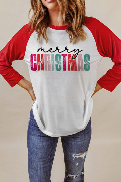 Festive Red Christmas Graphic Color Block Top with Raglan Sleeves