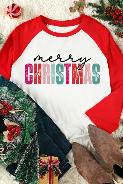 Festive Red Christmas Graphic Color Block Top with Raglan Sleeves