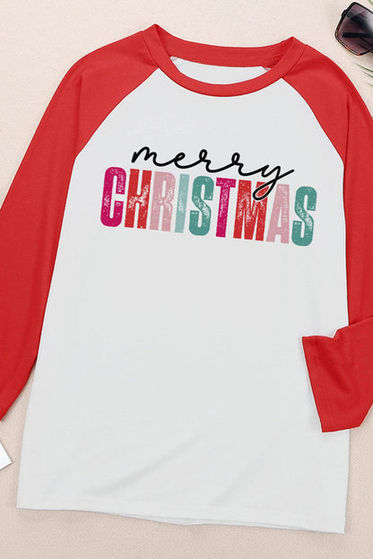 Festive Red Christmas Graphic Color Block Top with Raglan Sleeves
