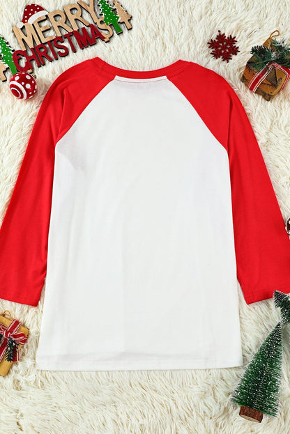 Festive Red Christmas Graphic Color Block Top with Raglan Sleeves