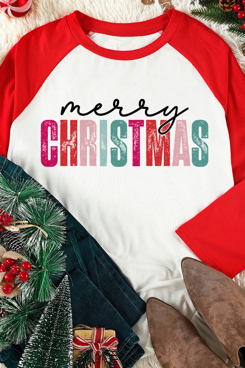 Festive Red Christmas Graphic Color Block Top with Raglan Sleeves