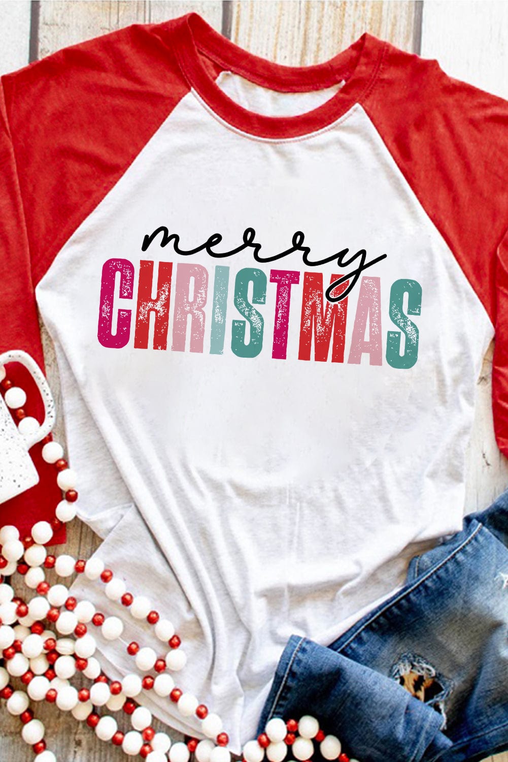 Festive Red Christmas Graphic Color Block Top with Raglan Sleeves