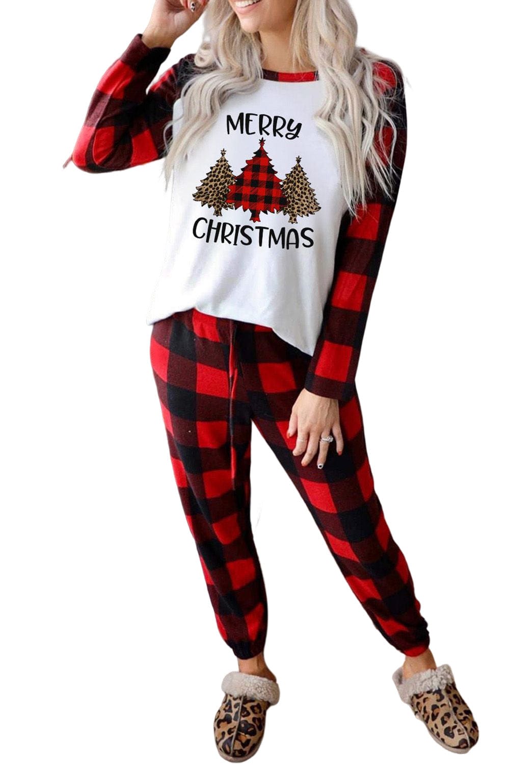 Festive Red Christmas Plaid Print Lounge Set with Tree Motif