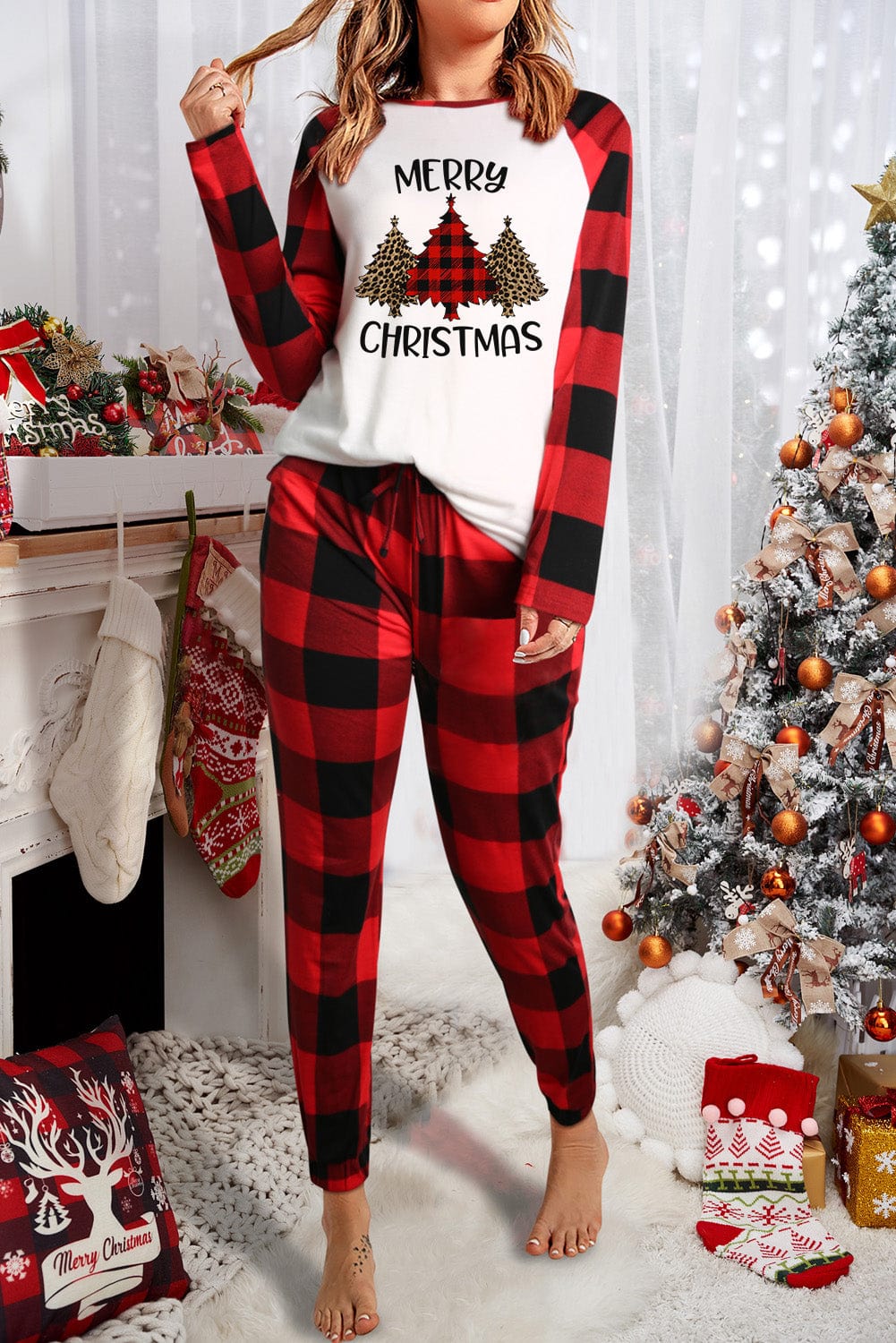 Festive Red Christmas Plaid Print Lounge Set with Tree Motif