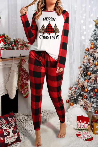 Festive Red Christmas Plaid Print Lounge Set with Tree Motif