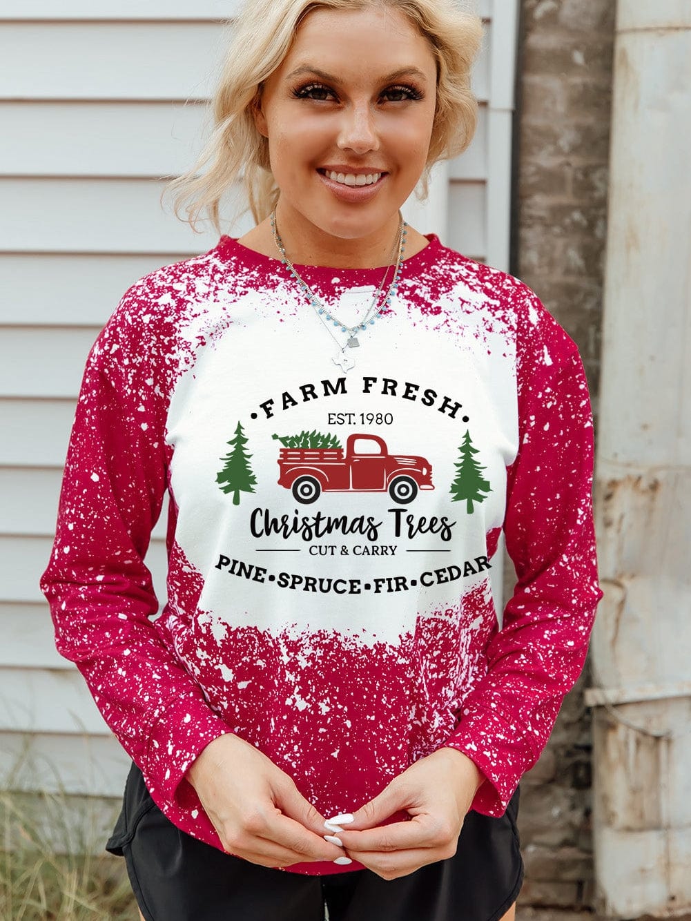 Festive Red Christmas Tree Truck Ink Splash Print Sweatshirt