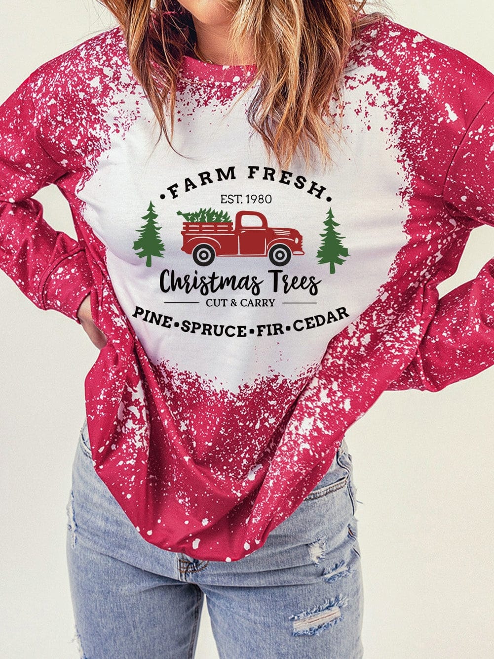 Festive Red Christmas Tree Truck Ink Splash Print Sweatshirt