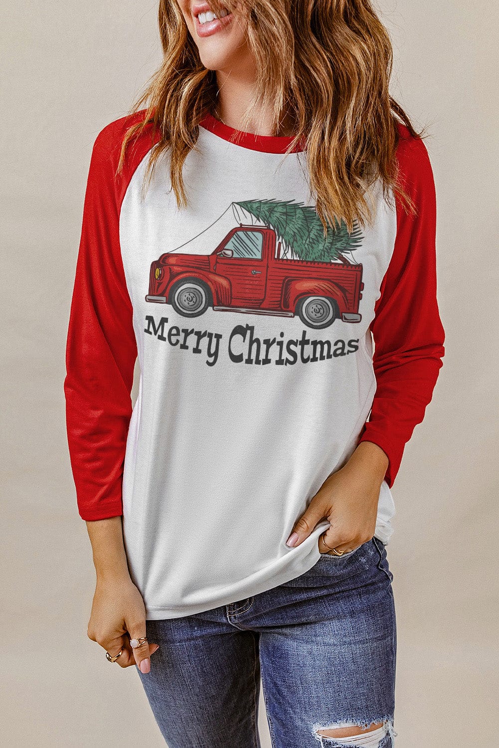 Festive Red Christmas Truck Graphic Tee with Color Block Design