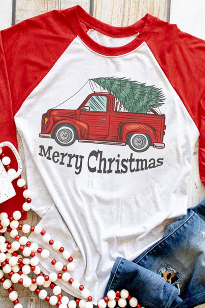 Festive Red Christmas Truck Graphic Tee with Color Block Design