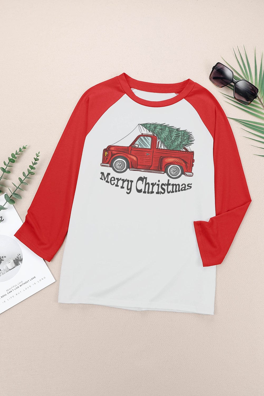 Festive Red Christmas Truck Graphic Tee with Color Block Design