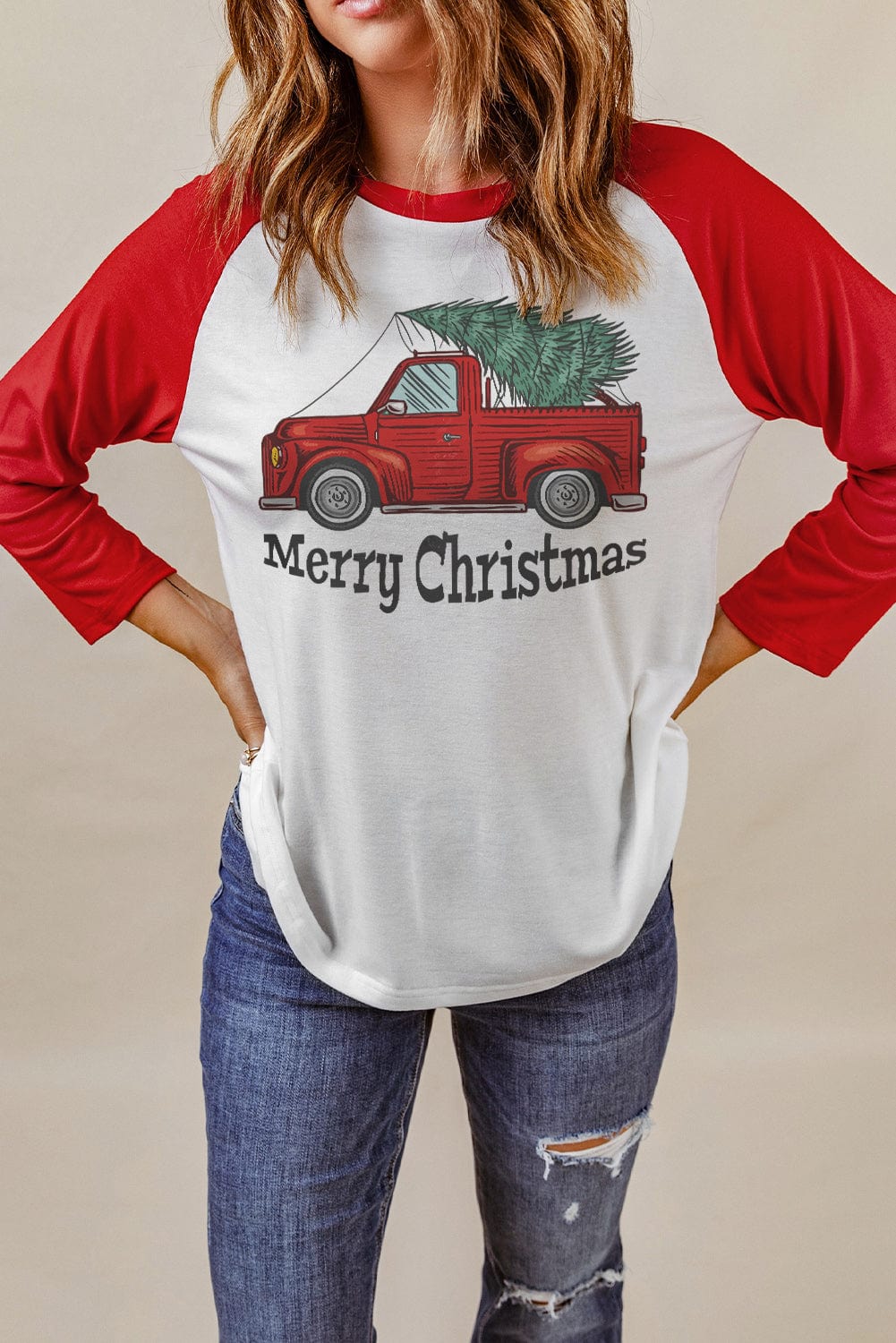 Festive Red Christmas Truck Graphic Tee with Color Block Design
