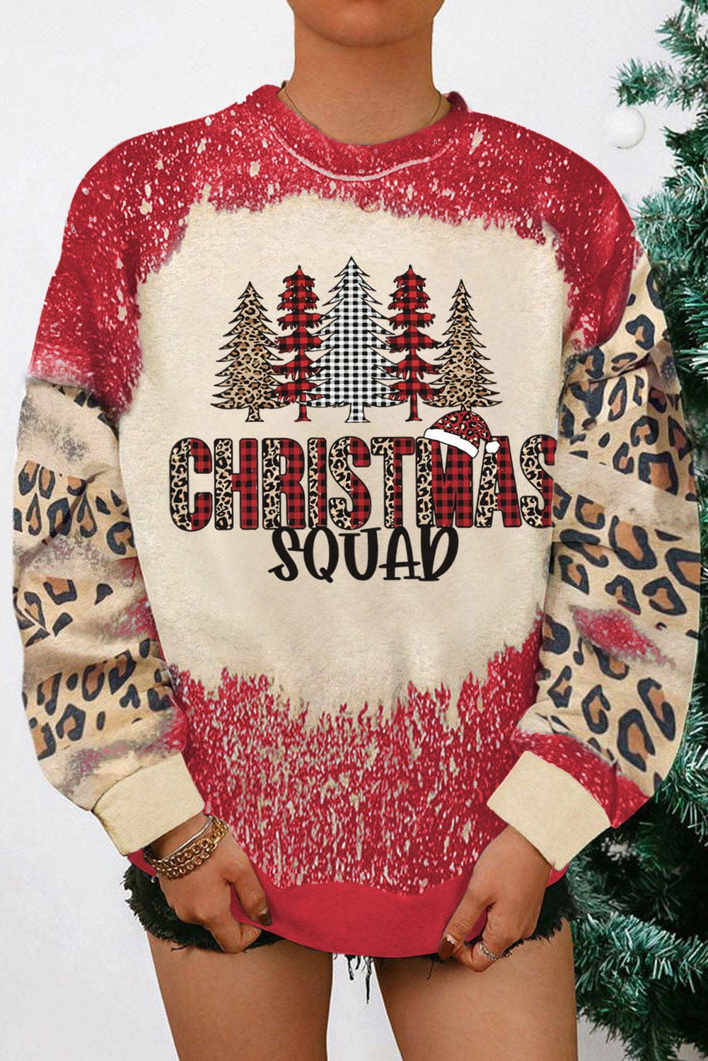 Festive Red Leopard Print Christmas Tree Sweatshirt