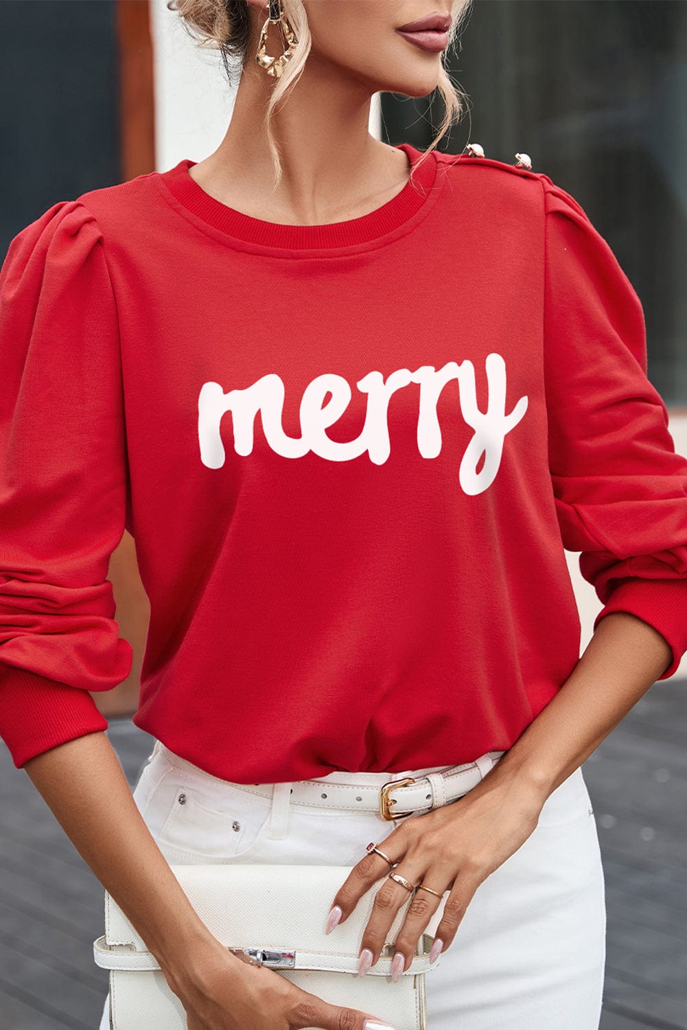 Festive Red Merry Buttoned Bishop Sleeve Top