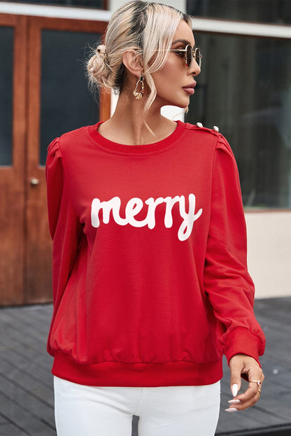 Festive Red Merry Buttoned Bishop Sleeve Top