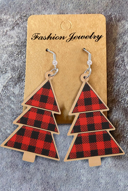 Festive Red Plaid Christmas Tree Wooden Drop Earrings