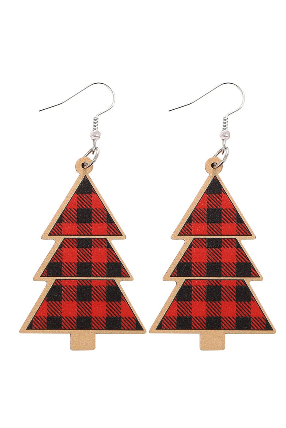 Festive Red Plaid Christmas Tree Wooden Drop Earrings