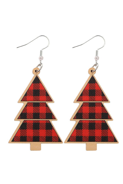 Festive Red Plaid Christmas Tree Wooden Drop Earrings