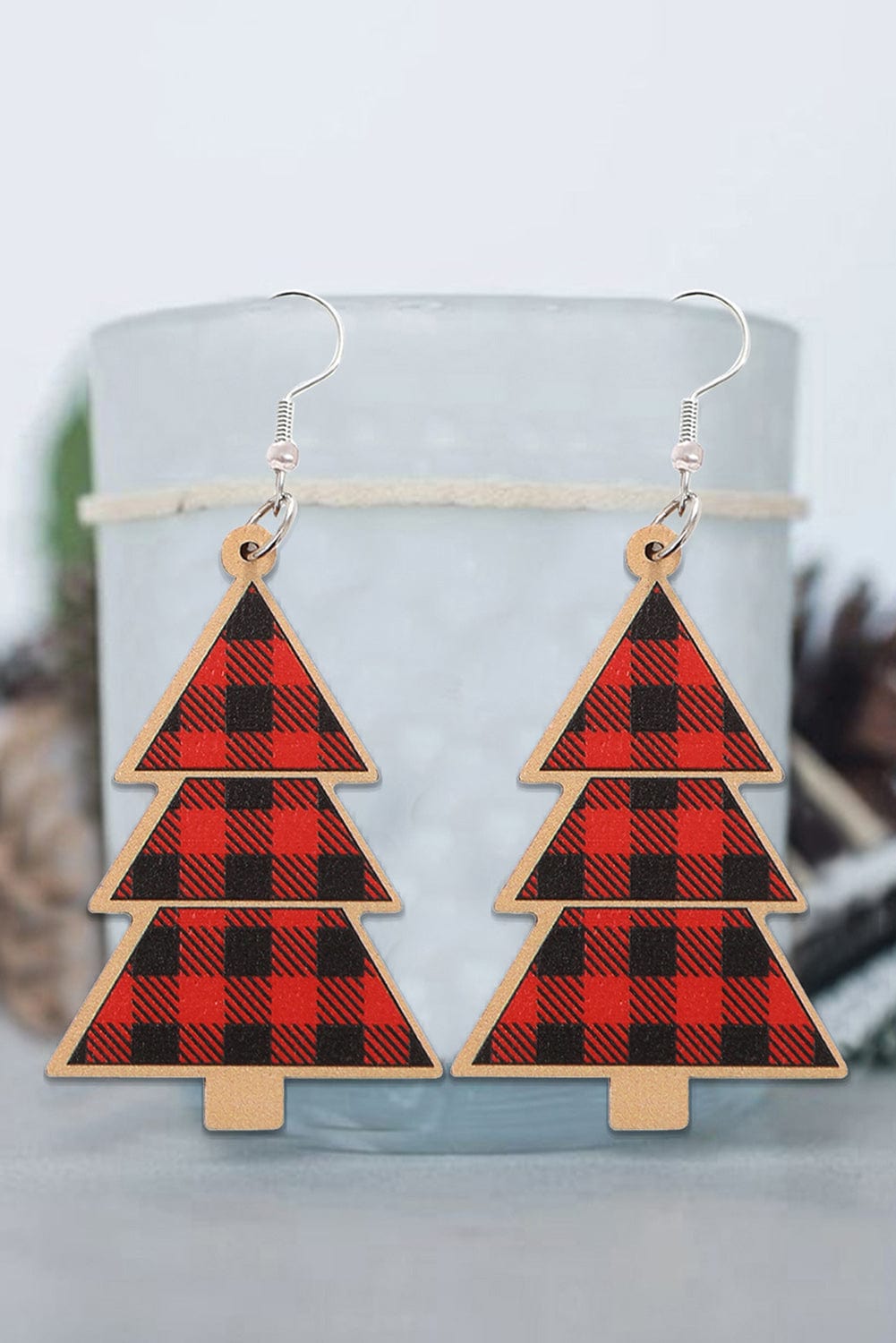 Festive Red Plaid Christmas Tree Wooden Drop Earrings