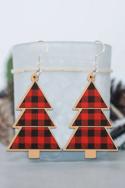 Festive Red Plaid Christmas Tree Wooden Drop Earrings