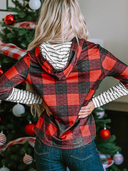 Festive Red Plaid Leopard Christmas Tree Hoodie with Fiery Accents