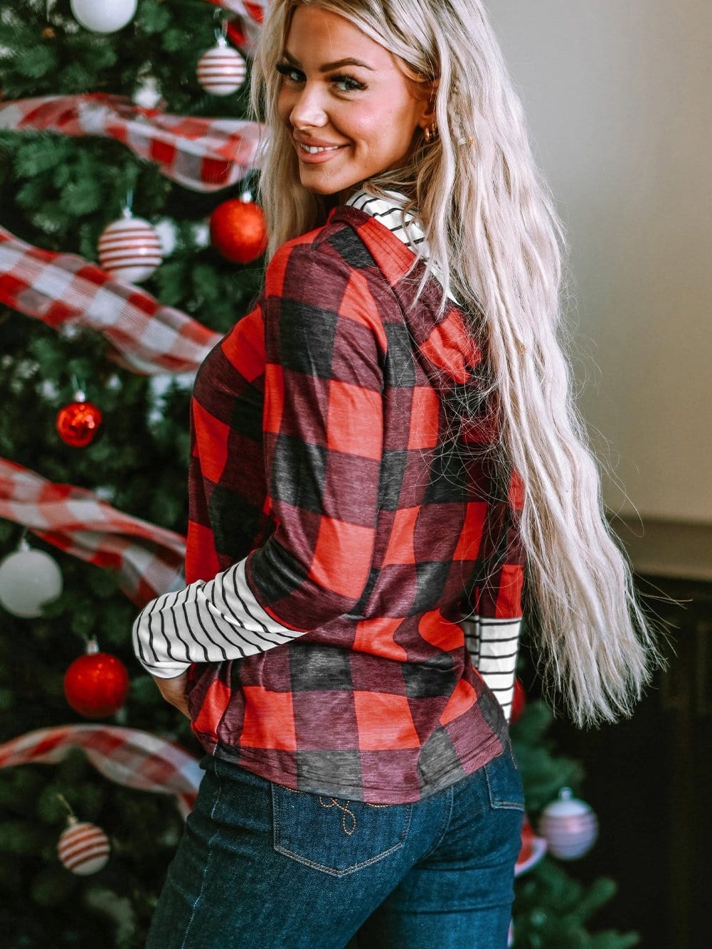 Festive Red Plaid Leopard Christmas Tree Hoodie with Fiery Accents