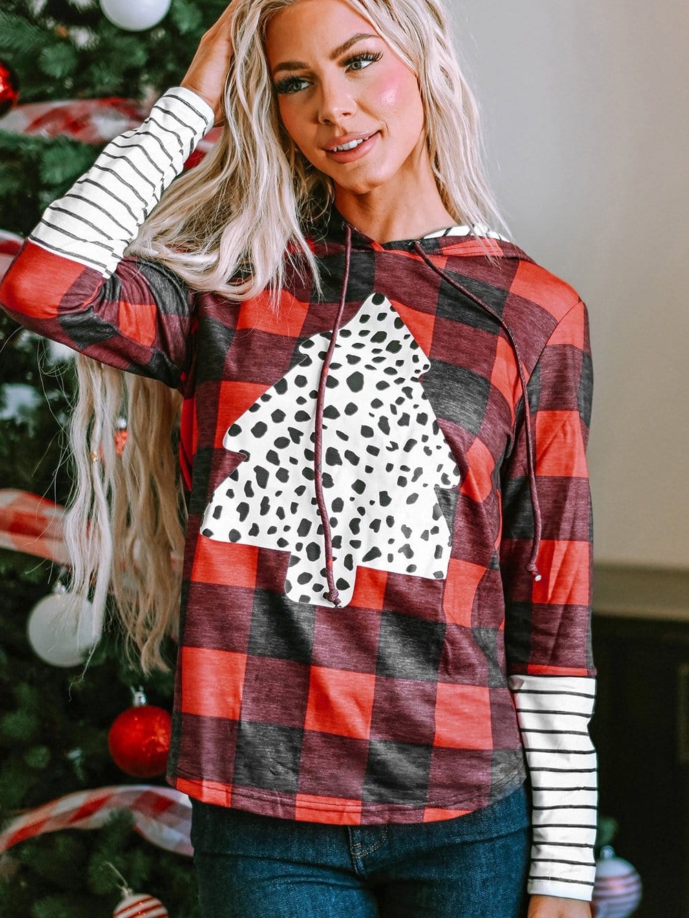 Festive Red Plaid Leopard Christmas Tree Hoodie with Fiery Accents