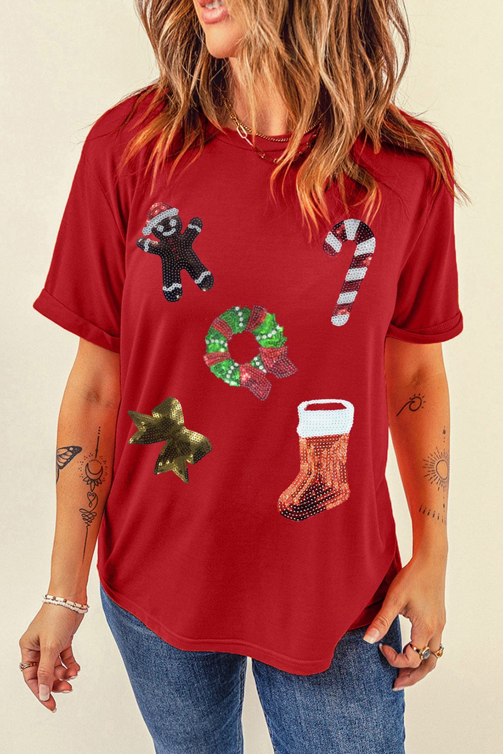 Festive Red Sequin Christmas Graphic T-Shirt with Crew Neck