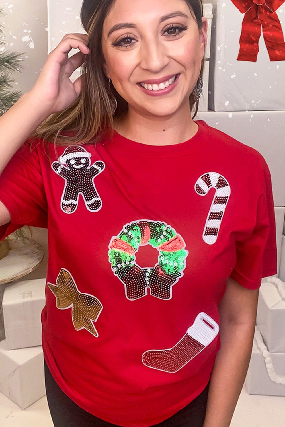 Festive Red Sequin Christmas Graphic T-Shirt with Crew Neck