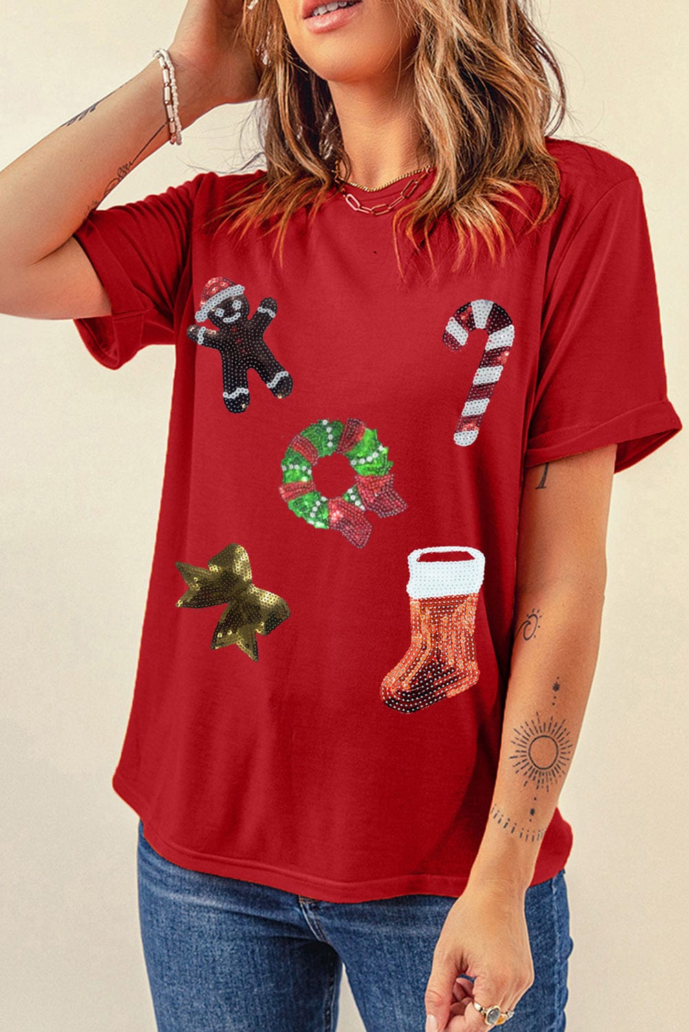 Festive Red Sequin Christmas Graphic T-Shirt with Crew Neck