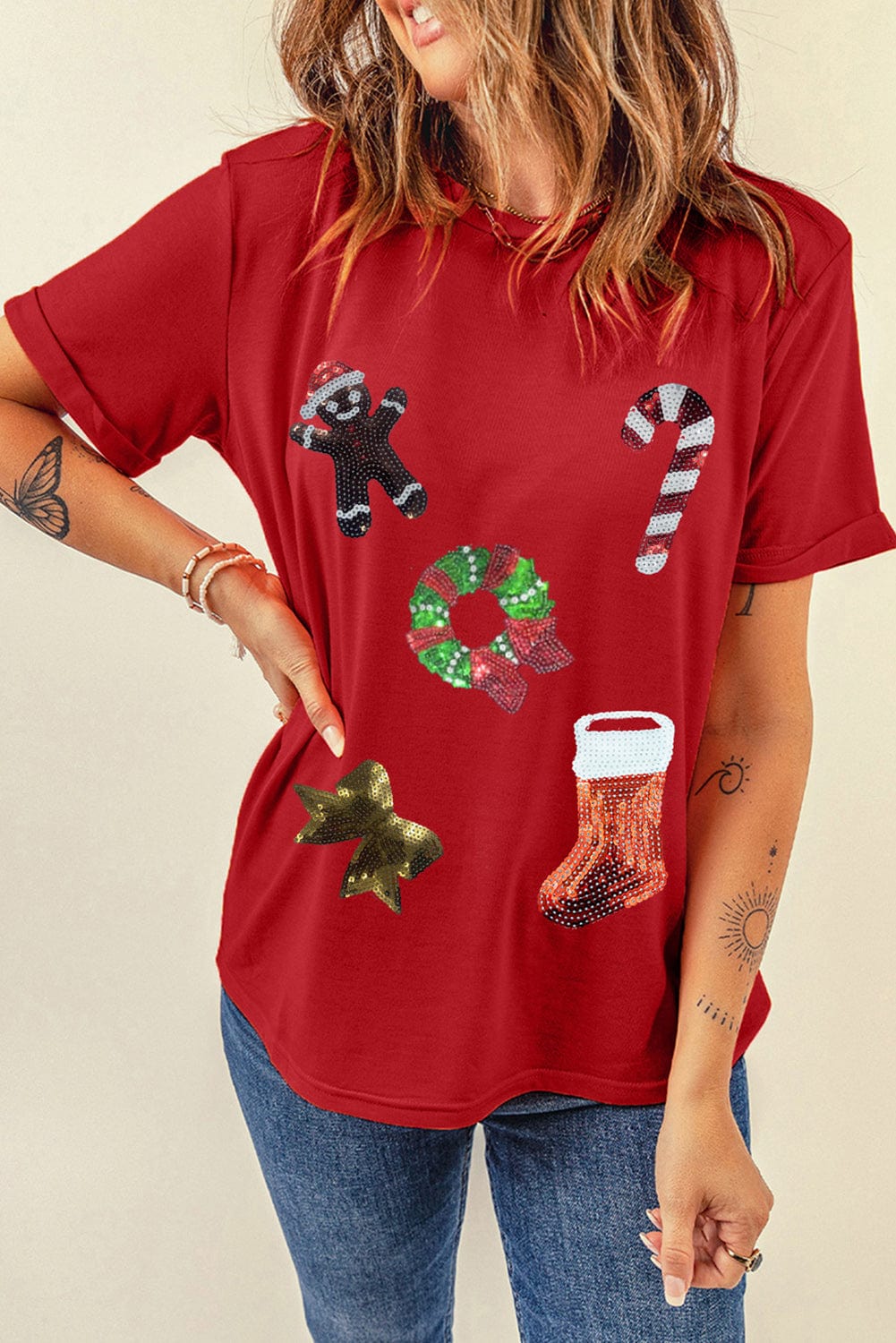 Festive Red Sequin Christmas Graphic T-Shirt with Crew Neck