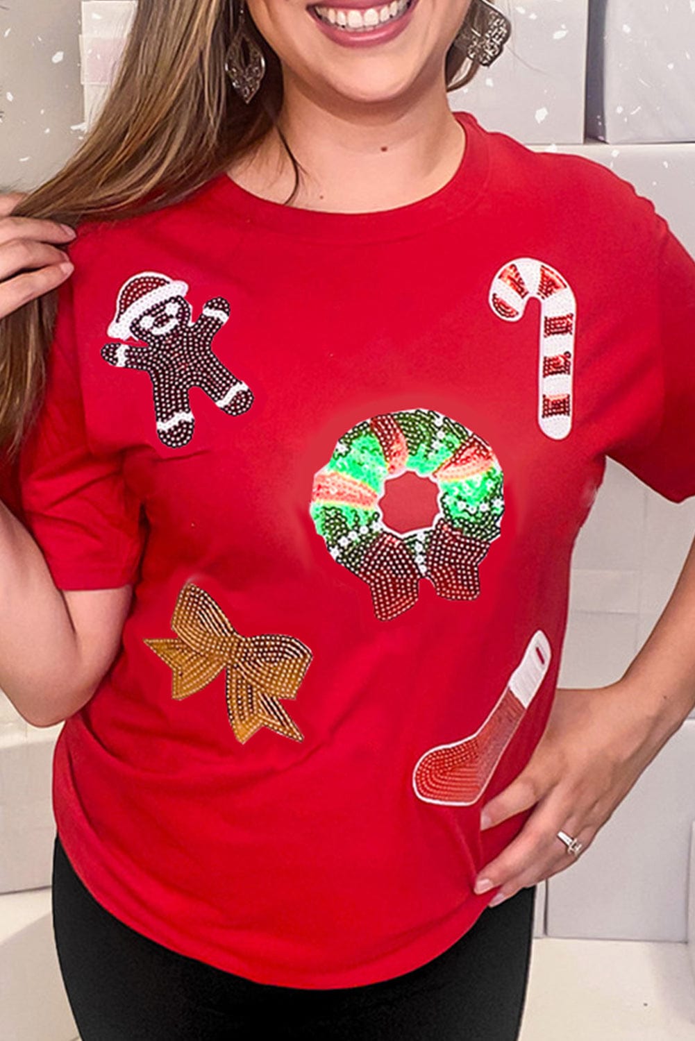 Festive Red Sequin Christmas Graphic T-Shirt with Crew Neck