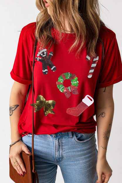 Festive Red Sequin Christmas Graphic T-Shirt with Crew Neck