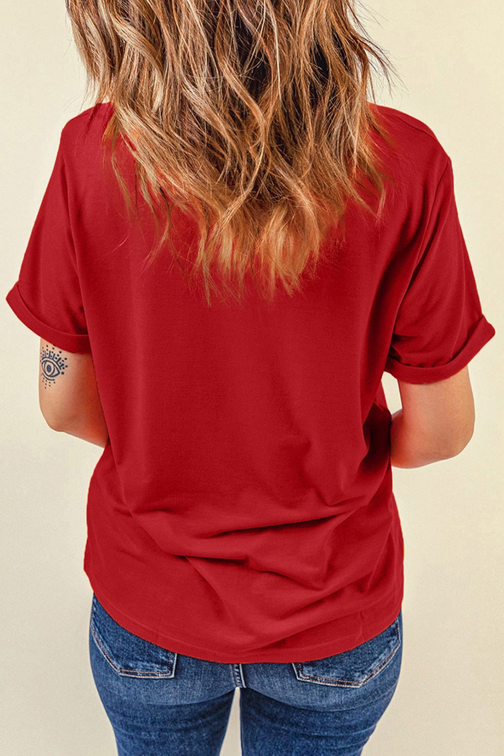 Festive Red Sequin Christmas Graphic T-Shirt with Crew Neck