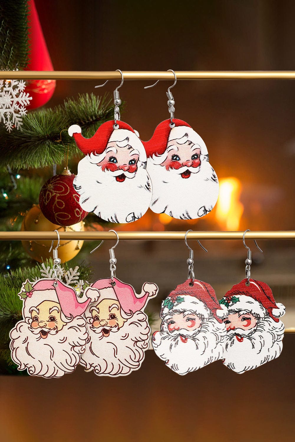 Festive Santa Claus Dangle Earrings Set of 3 White Pairs