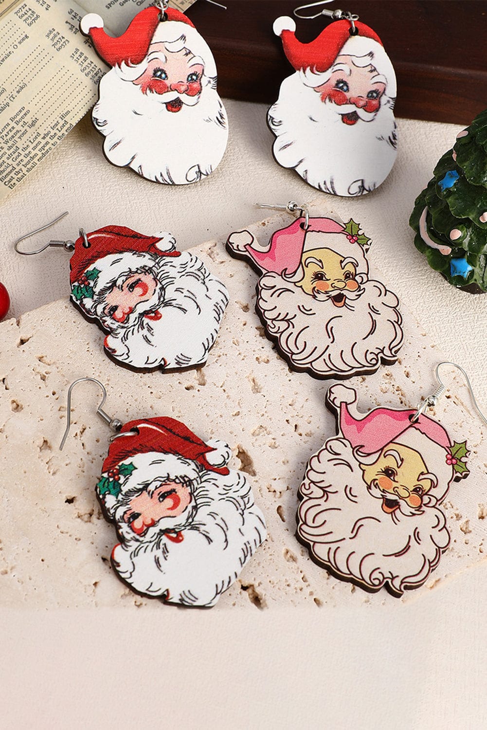 Festive Santa Claus Dangle Earrings Set of 3 White Pairs