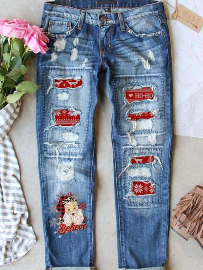 Festive Santa Claus Print Distressed Boyfriend Jeans