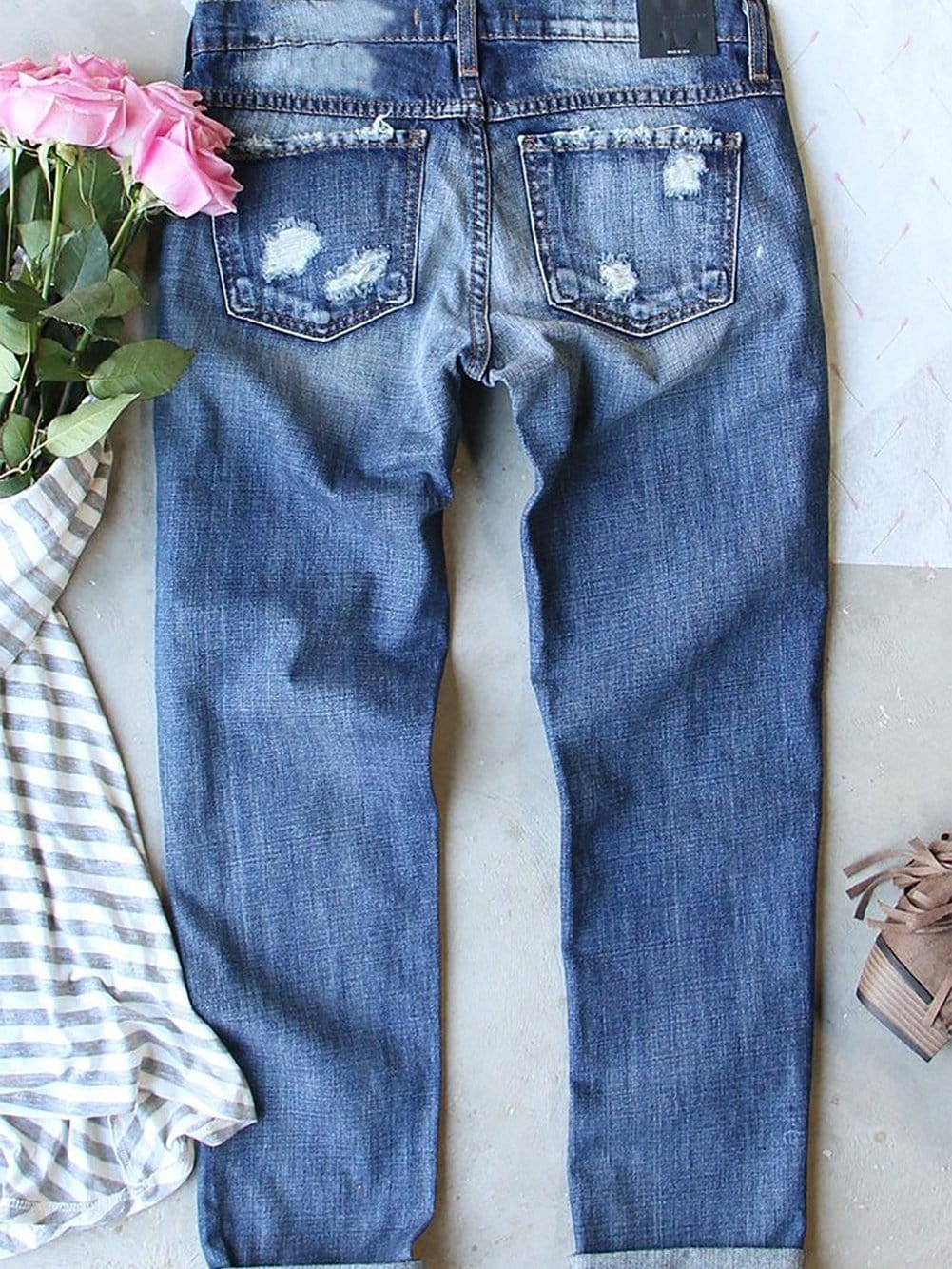 Festive Santa Claus Print Distressed Boyfriend Jeans