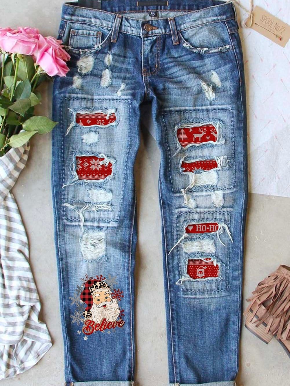 Festive Santa Claus Print Distressed Boyfriend Jeans