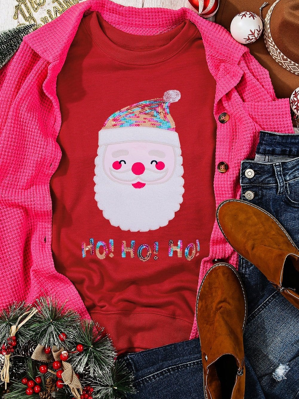 Festive Santa Claus Sparkling Red Sequin Sweatshirt