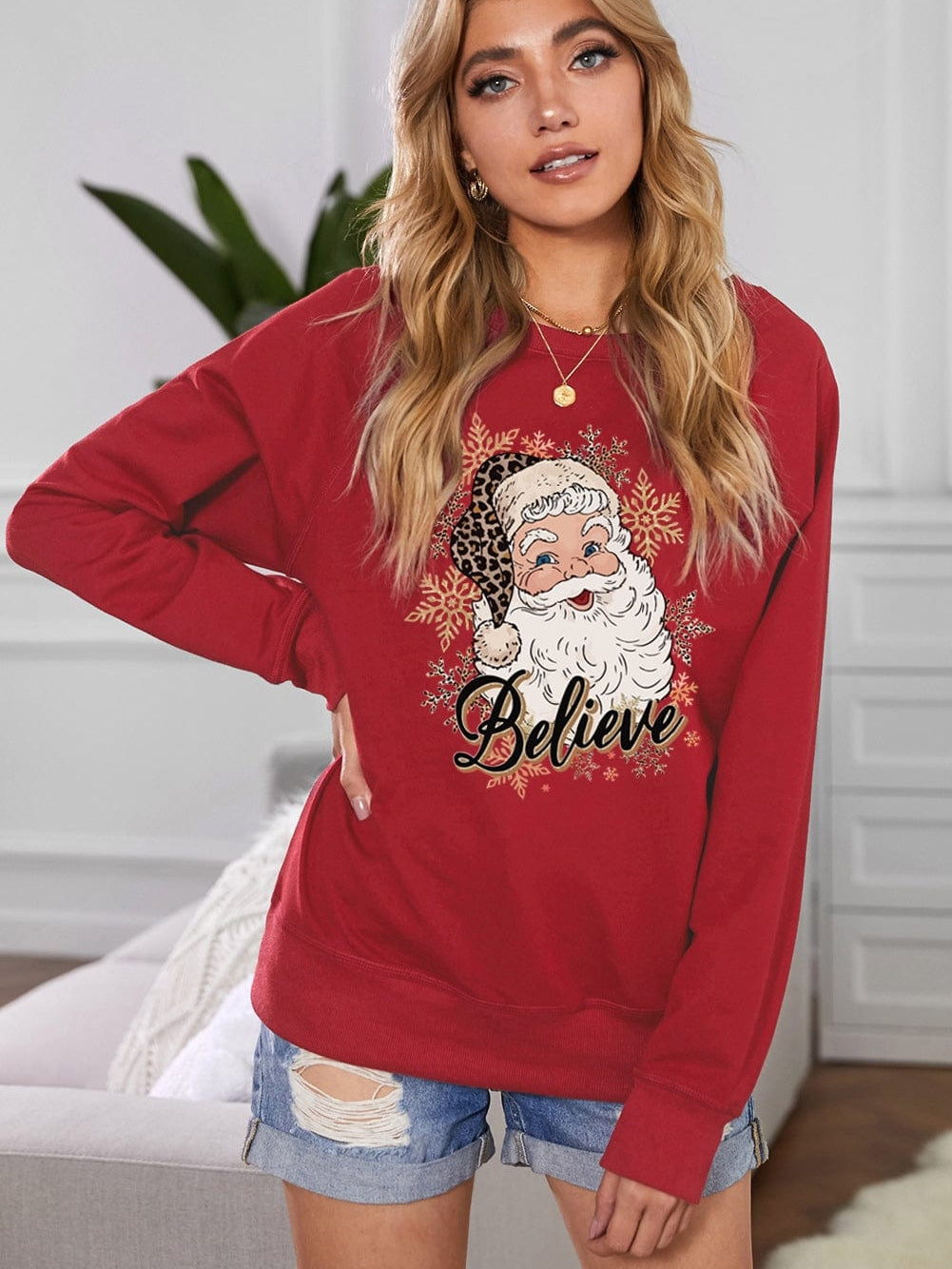 Festive Santa Red Snowflake Print Graphic Pullover