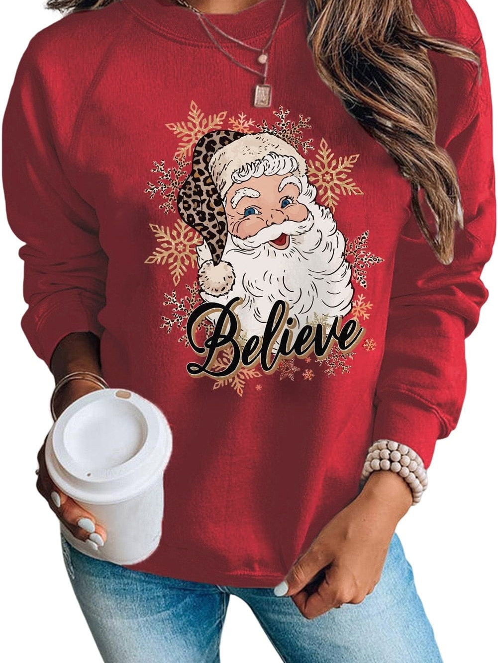 Festive Santa Red Snowflake Print Graphic Pullover