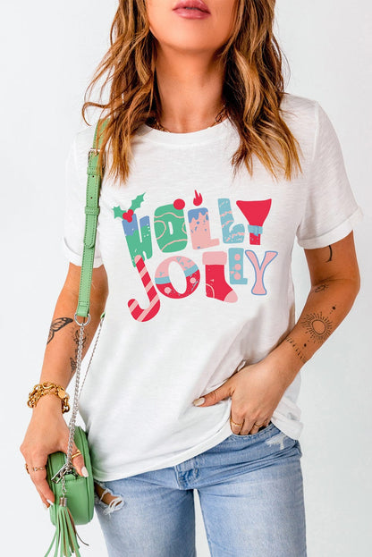 Festive White Christmas Printed Tee with HOLLY JOLLY Monograms
