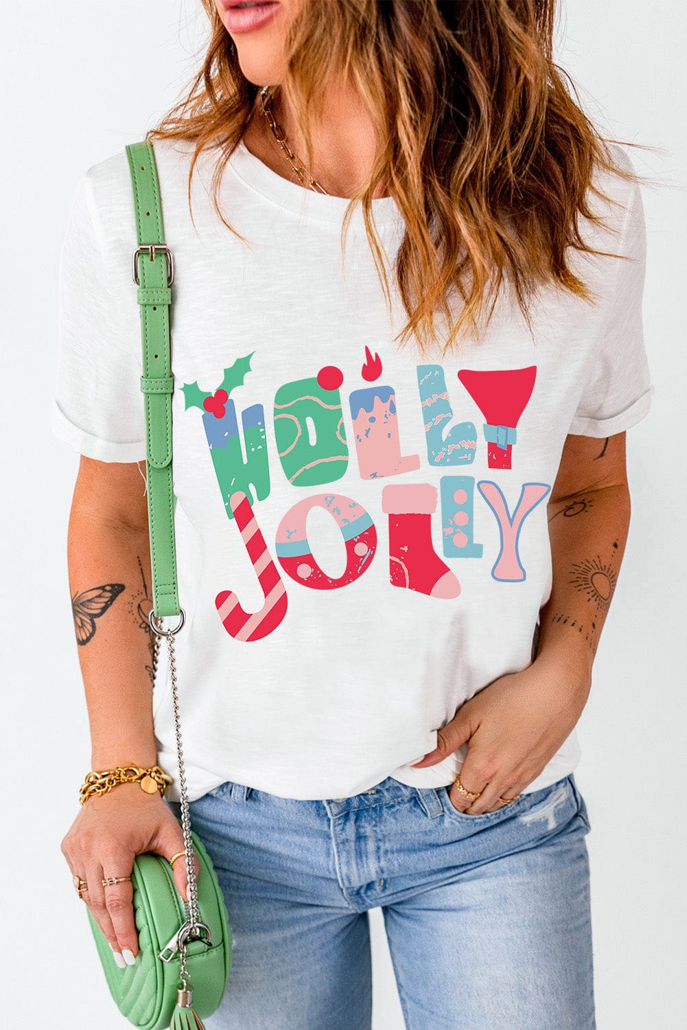 Festive White Christmas Printed Tee with HOLLY JOLLY Monograms
