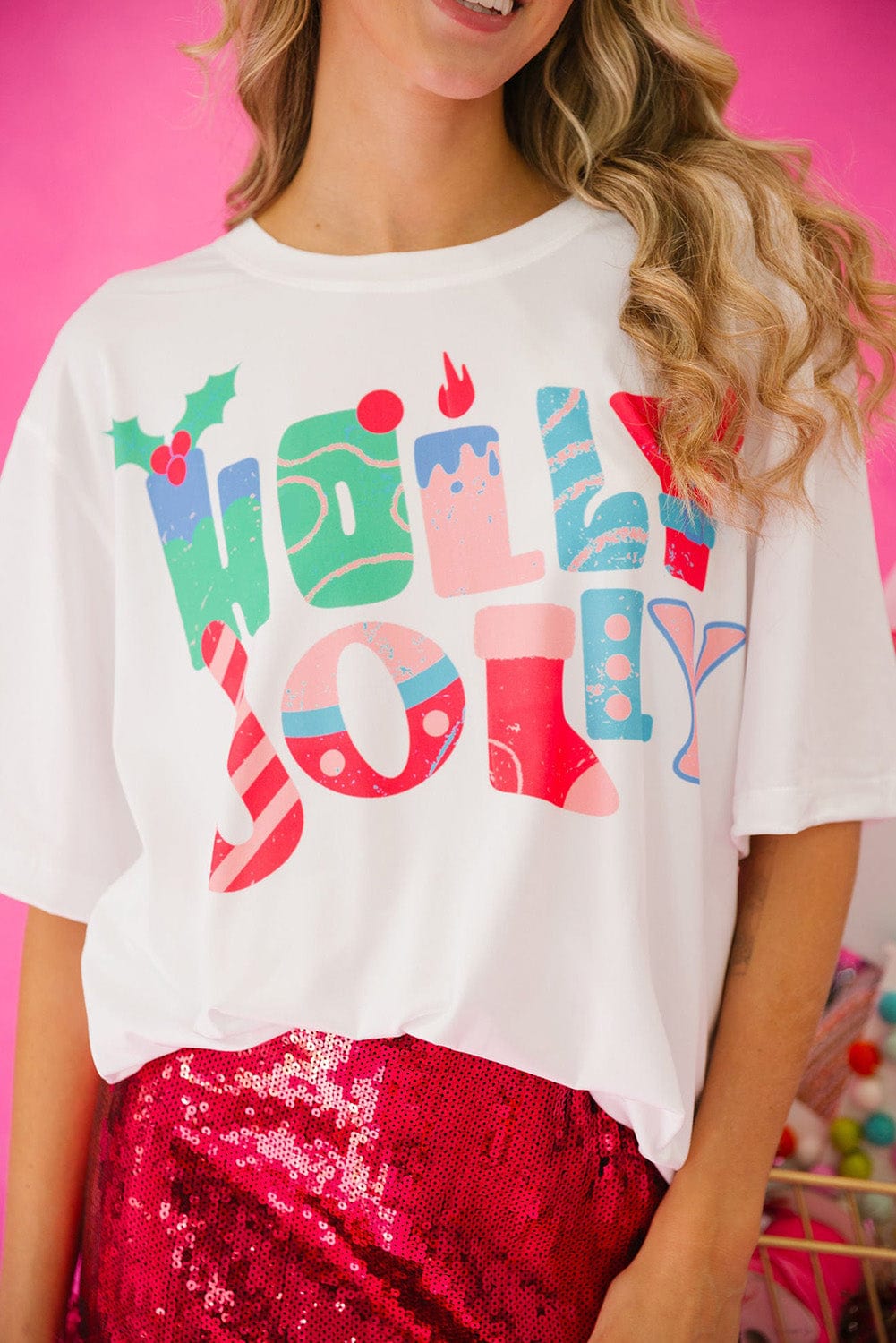 Festive White Christmas Printed Tee with HOLLY JOLLY Monograms