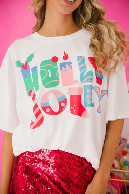 Festive White Christmas Printed Tee with HOLLY JOLLY Monograms