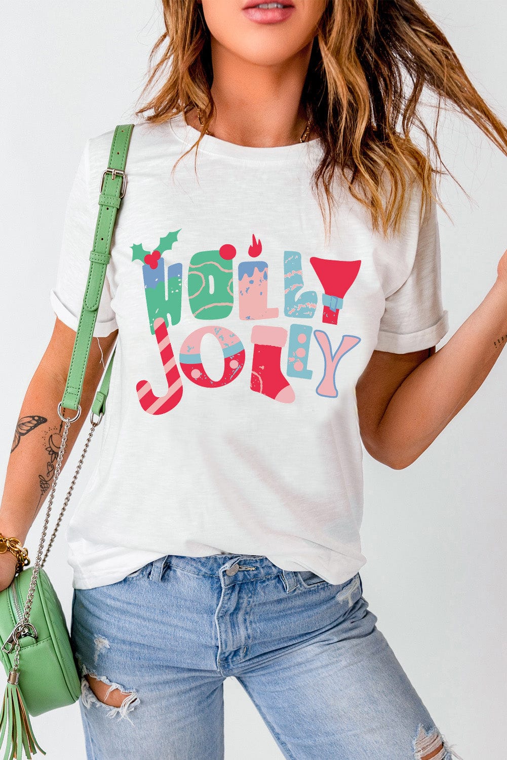 Festive White Christmas Printed Tee with HOLLY JOLLY Monograms