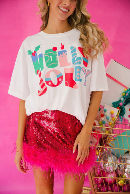 Festive White Christmas Printed Tee with HOLLY JOLLY Monograms