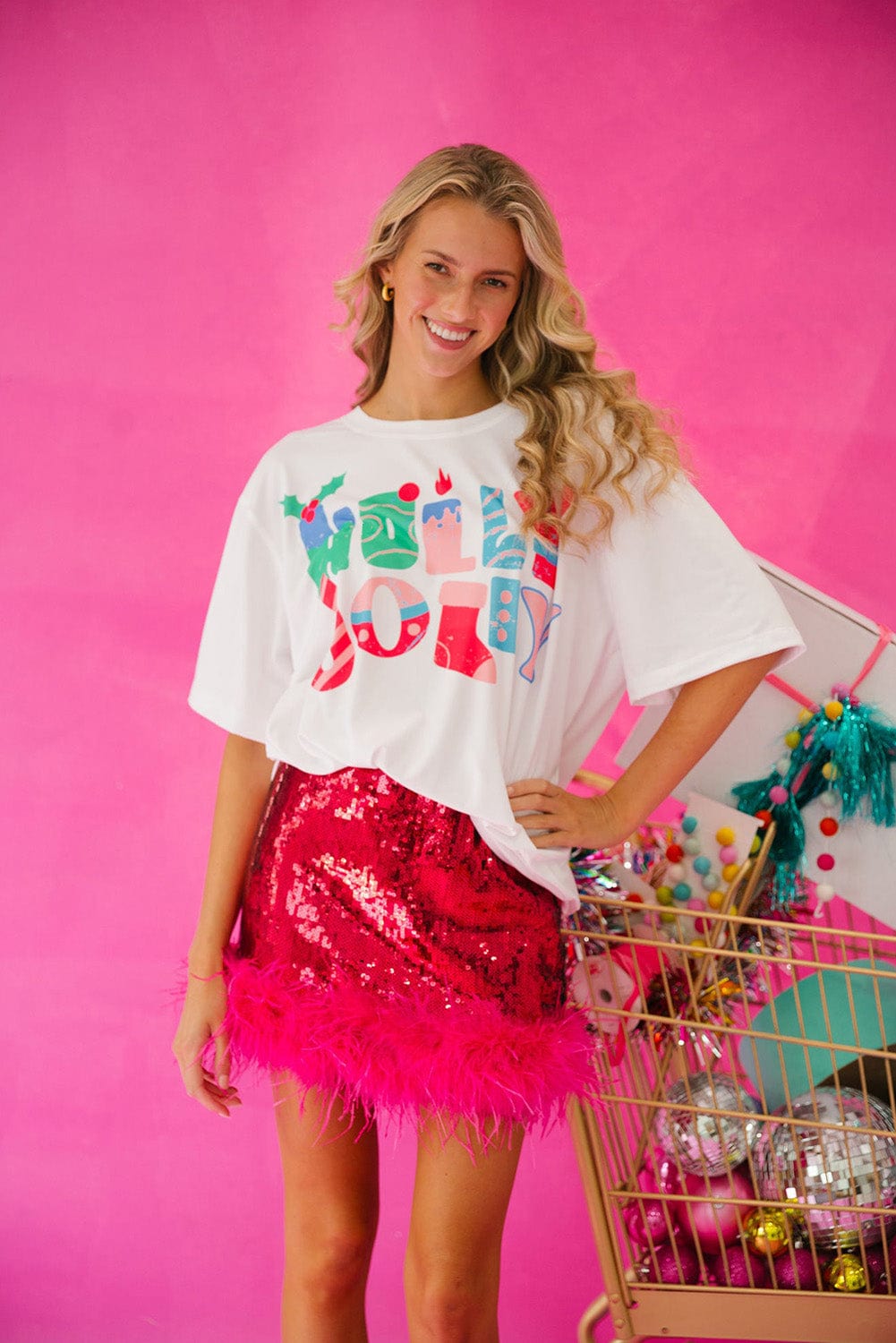 Festive White Christmas Printed Tee with HOLLY JOLLY Monograms