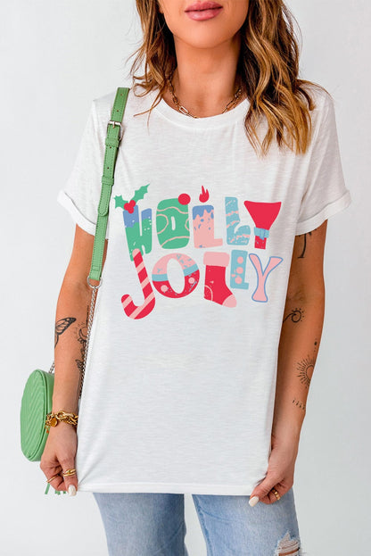 Festive White Christmas Printed Tee with HOLLY JOLLY Monograms