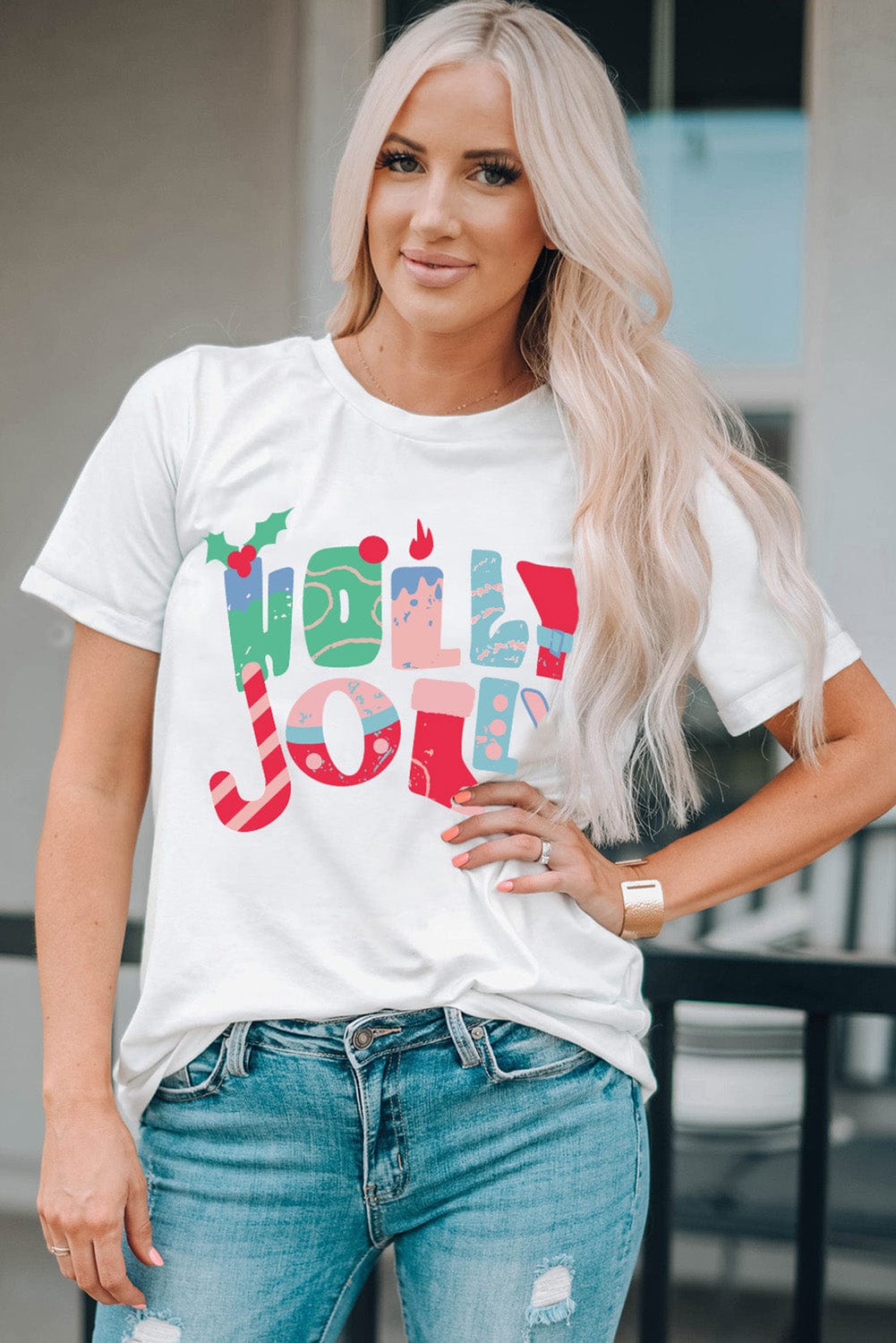 Festive White Christmas Printed Tee with HOLLY JOLLY Monograms
